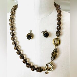 Heidi Daus “Chain Reaction” vintage set: necklace & hugger earrings,Smoky Quartz
